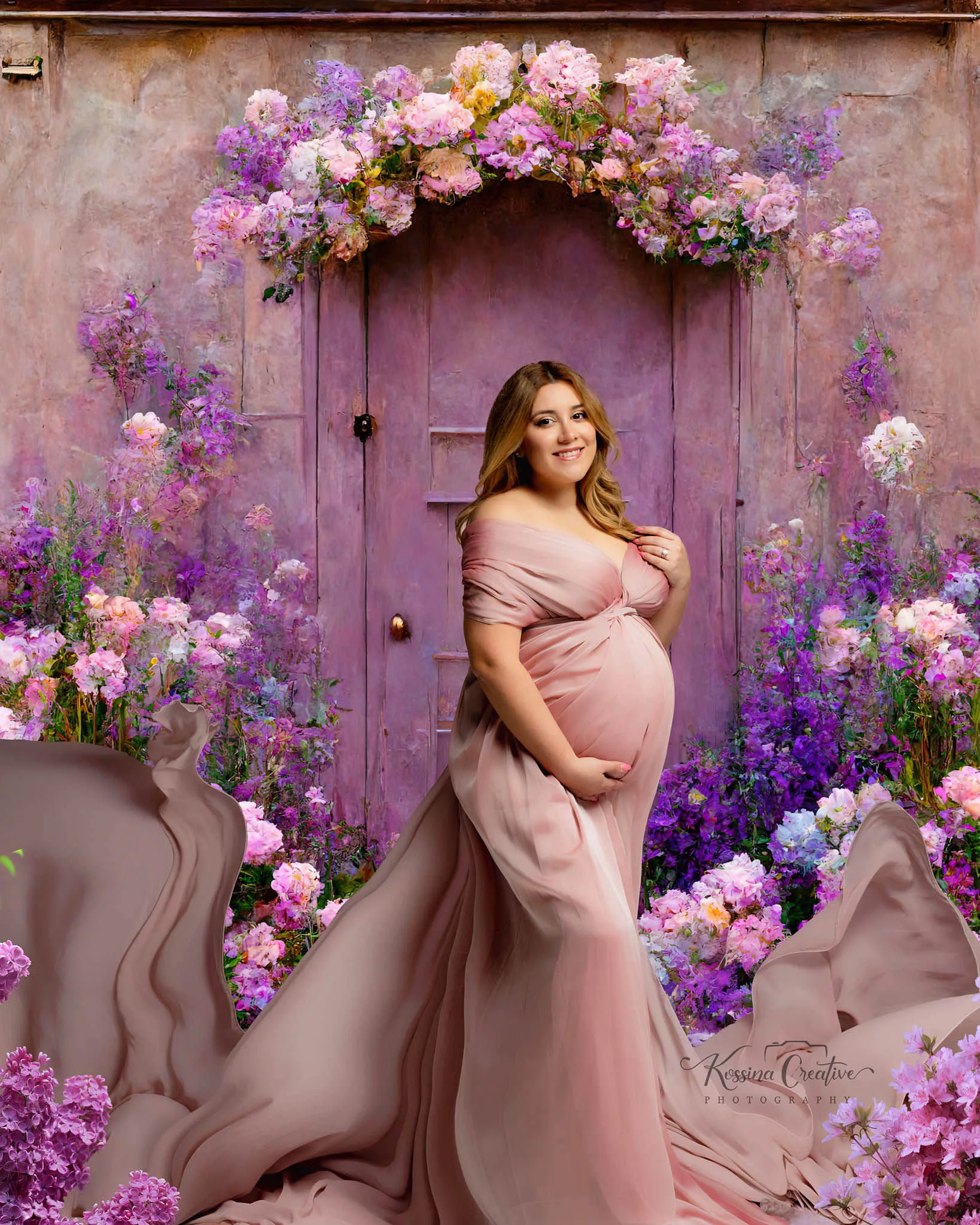 Orlando Maternity Photographer Photo Studio flowers pink fabric with floral background