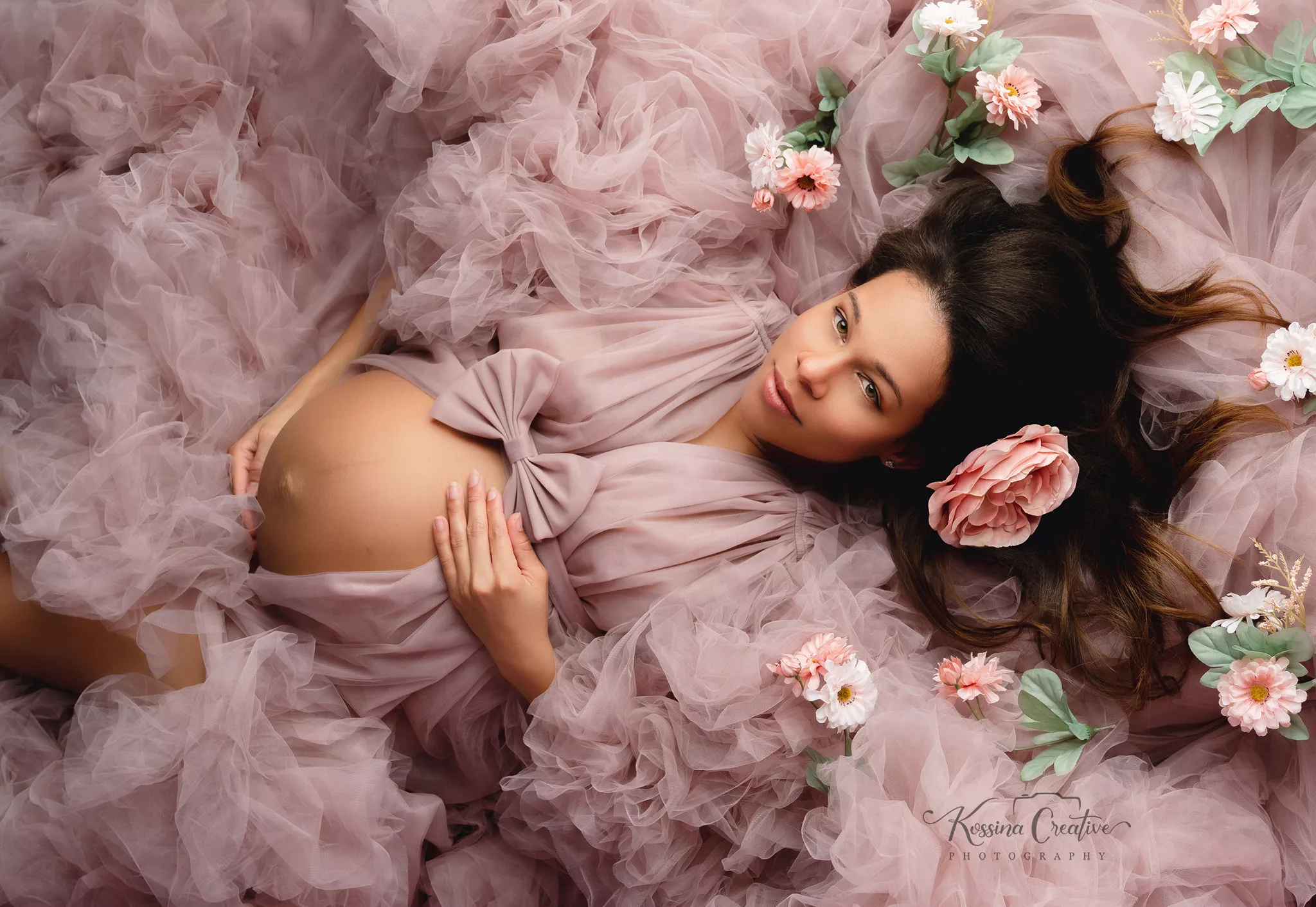 Orlando Maternity Photographer Photo Studio tulle gown flowers with pink fluffy dress
