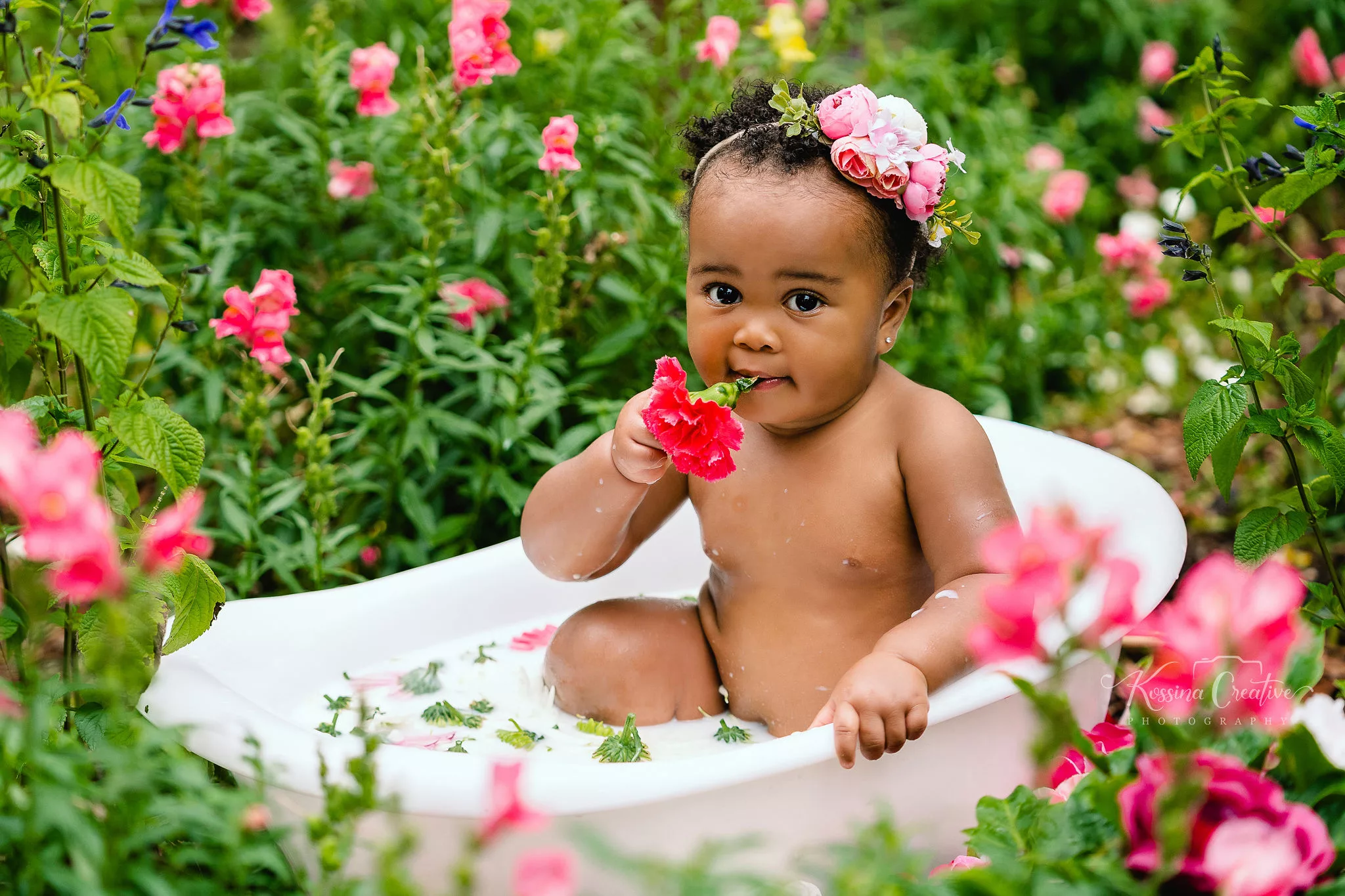 Orlando Baby Photographer 6 month sitter milestone bath tub outside in flower garden