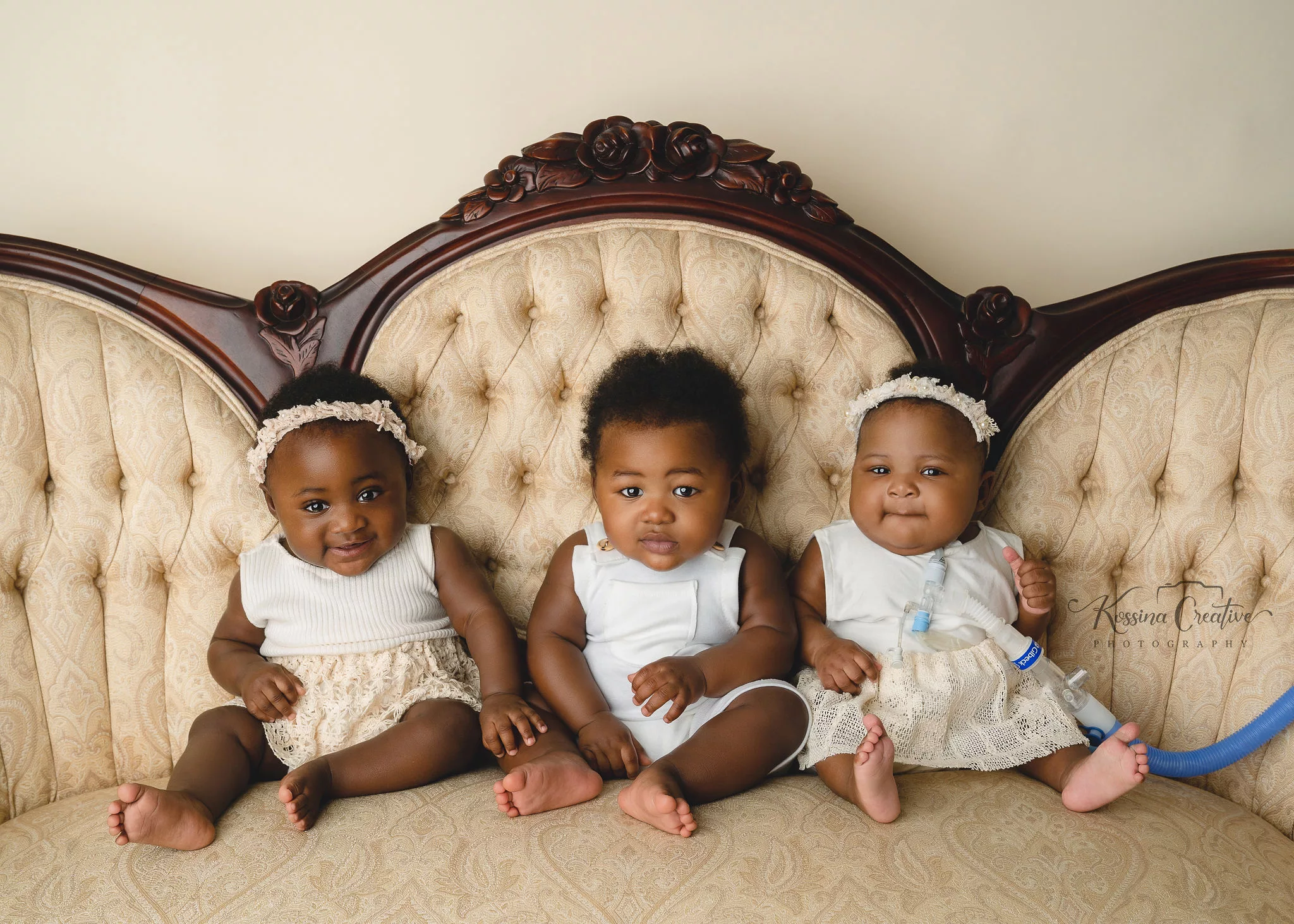 Orlando Baby Photographer 6 month sitter milestone triplets on couch