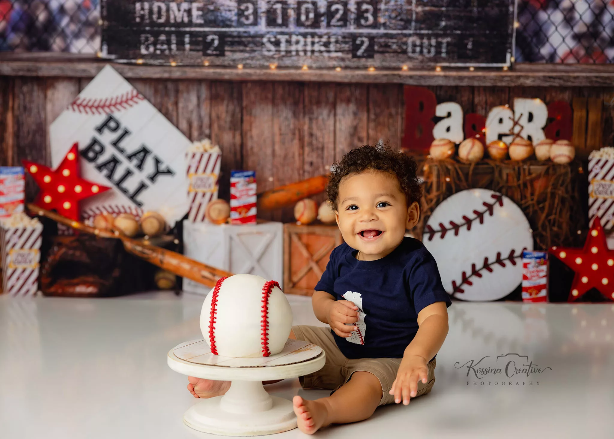 Orlando Boy Cake Smash 1st Birthday Photographer Photo Studio play ball baseball cake score board back drop base ball bat