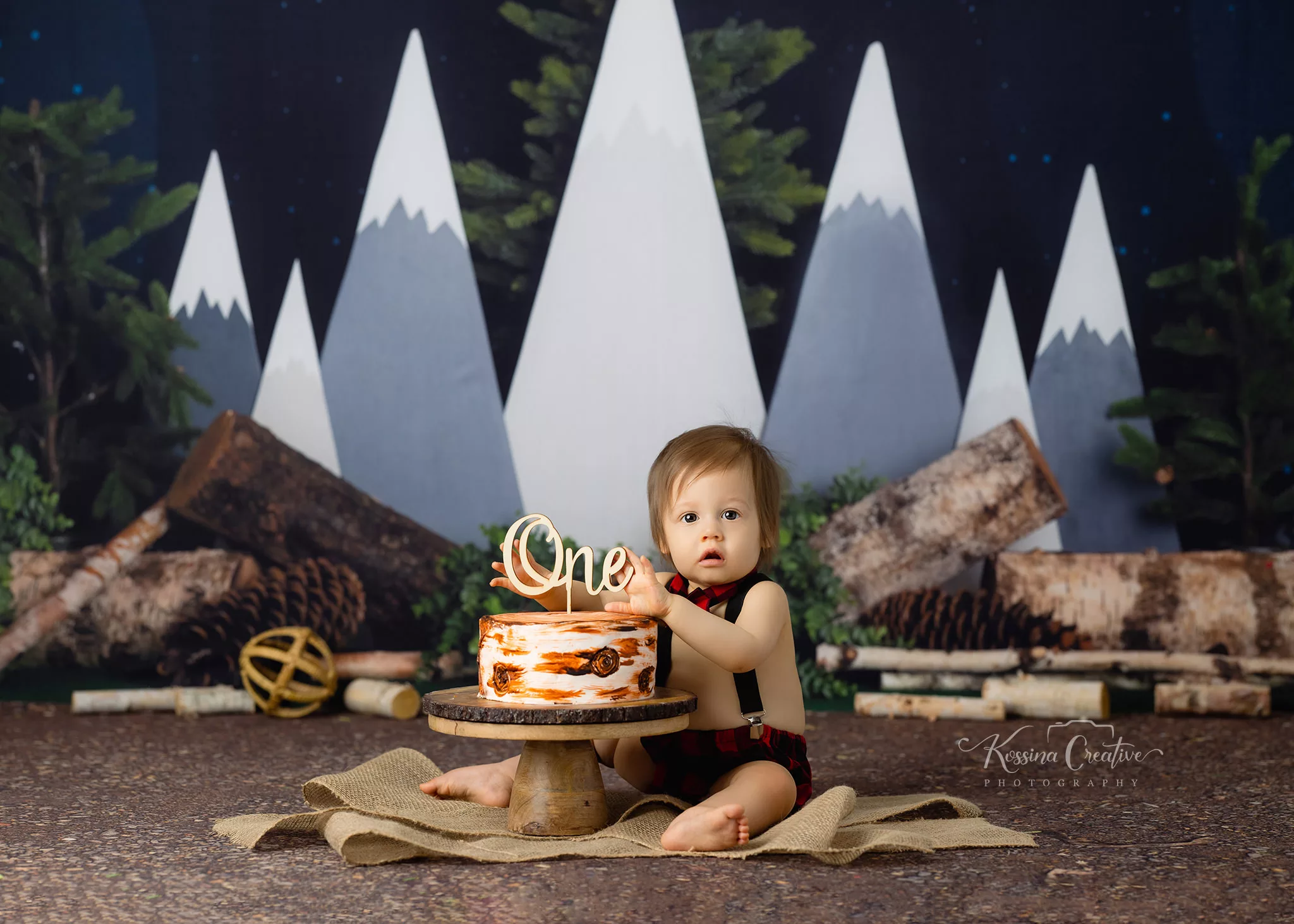 Orlando Boy Cake Smash 1st Birthday Photographer Photo Studio woods camping mountains forest nature camp fire cake
