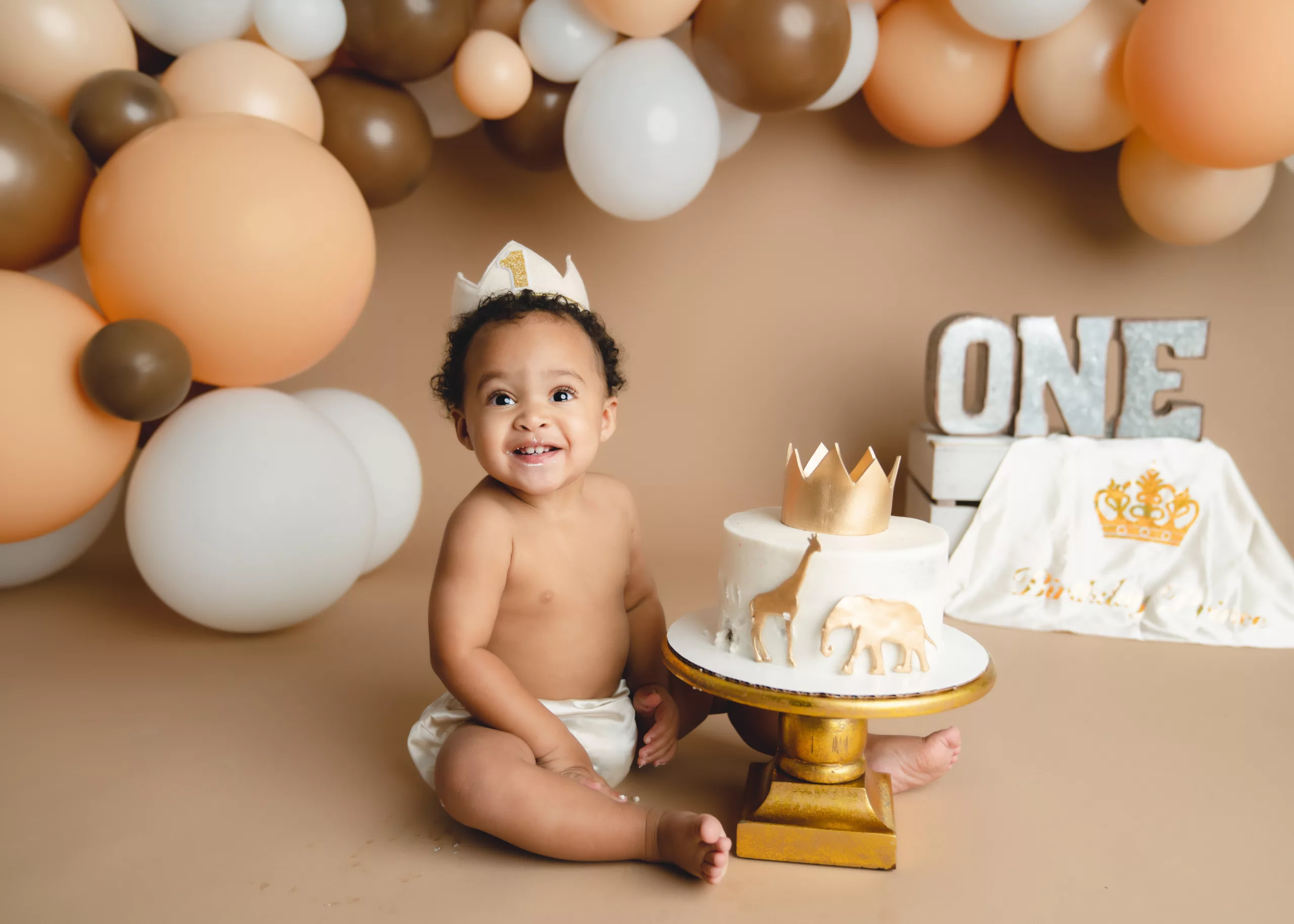 Orlando Boy Cake Smash 1st Birthday Photographer Photo Studio brown white peach animal crown