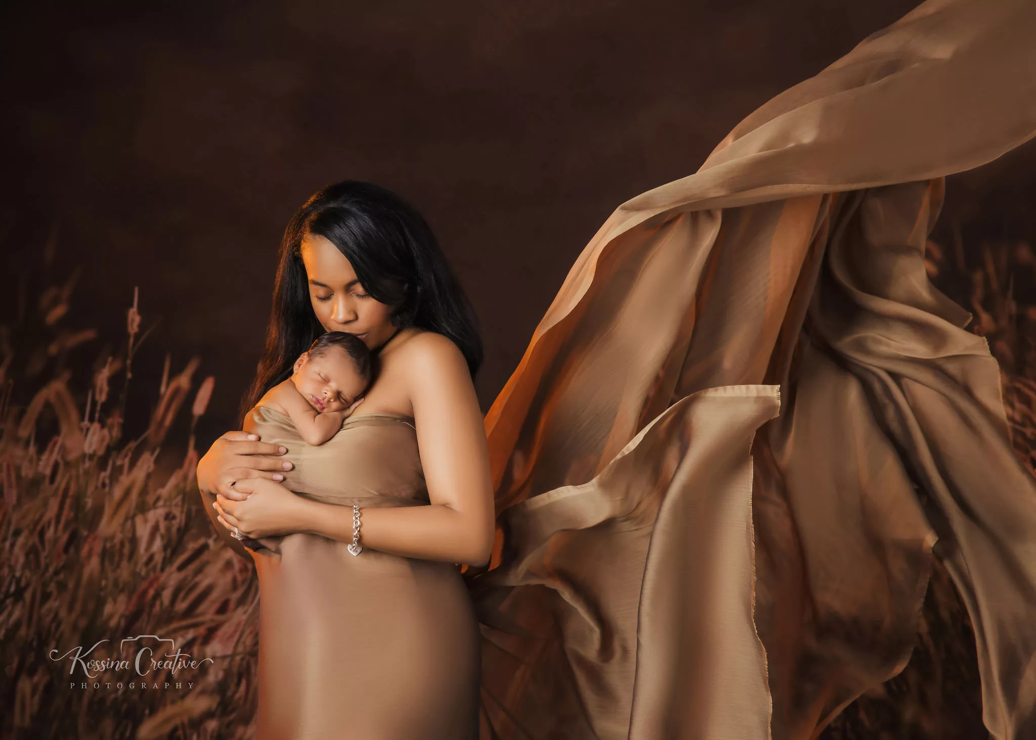Orlando Family Newborn Photographer Baby Kid Photo studio corn field flowy golden dress with baby skin to skin