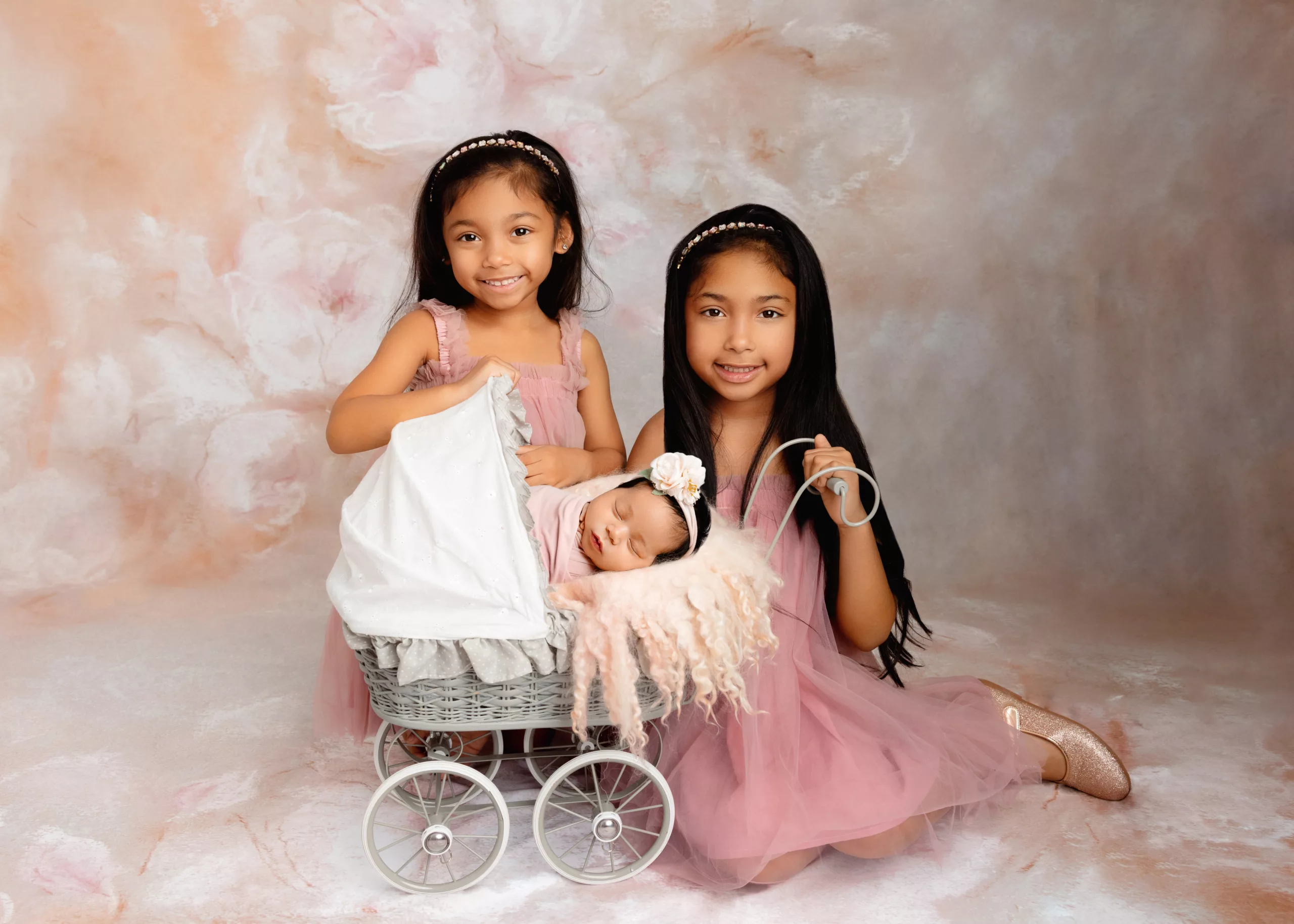 Orlando Family Newborn Photographer Baby Kid Photo studio sisters baby stroller baby carriage flower
