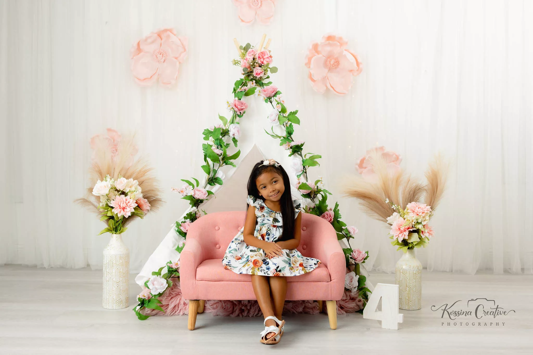 Orlando Family Photographer Birthday Photoshoot pink white green 4th birthday pink couch