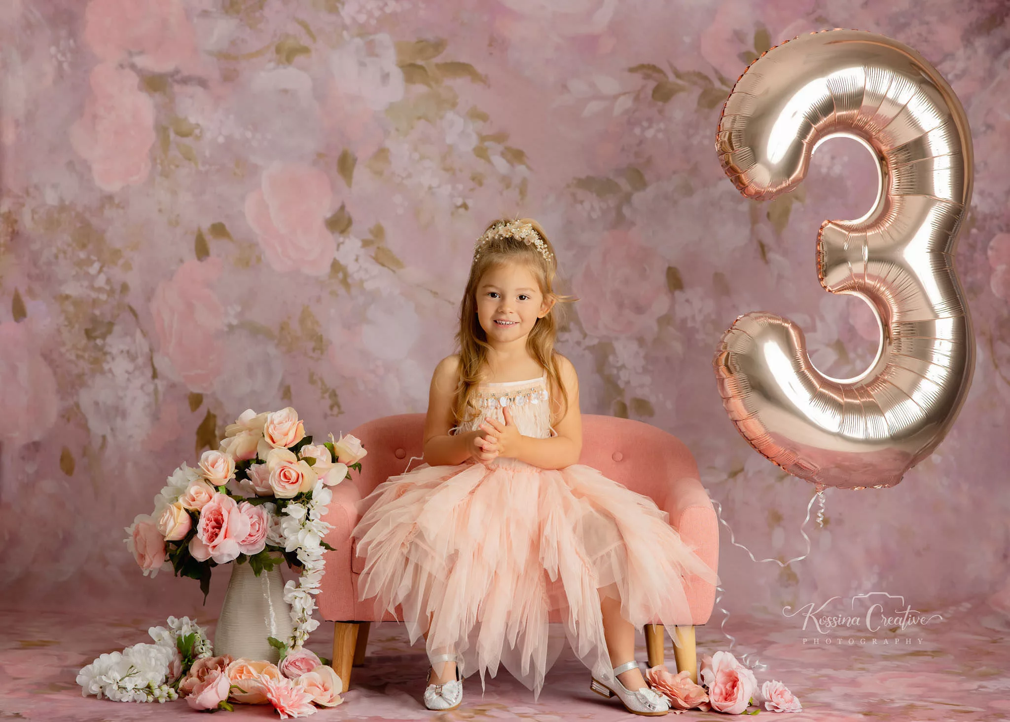 Orlando Family Photographer Birthday Photoshoot third birthday gold balloon princess dress and flowers