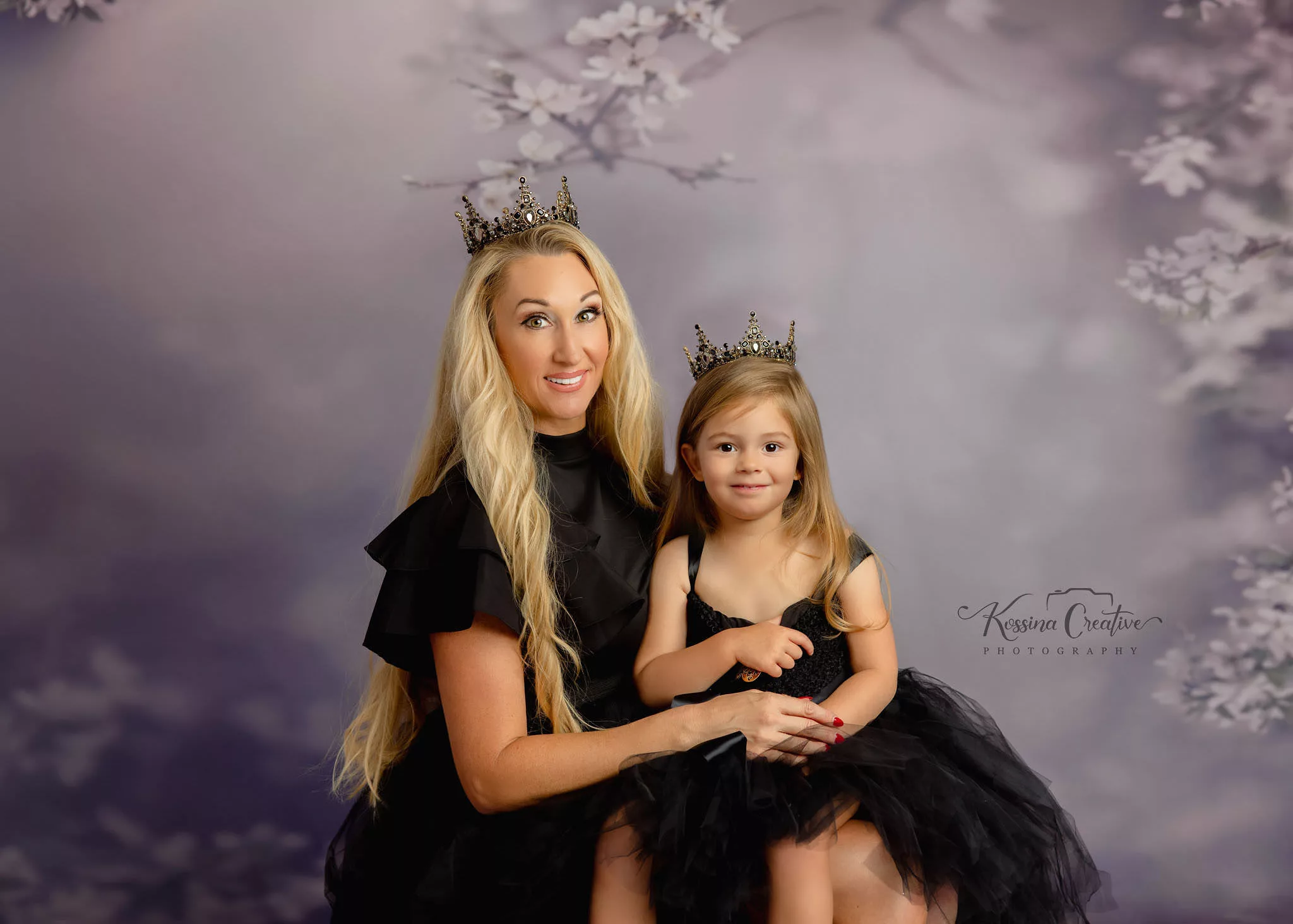 Orlando Family Photographer Motherhood Photo session mommy and me mini session mother and daughter grey backdrop with black matching dresses and crowns