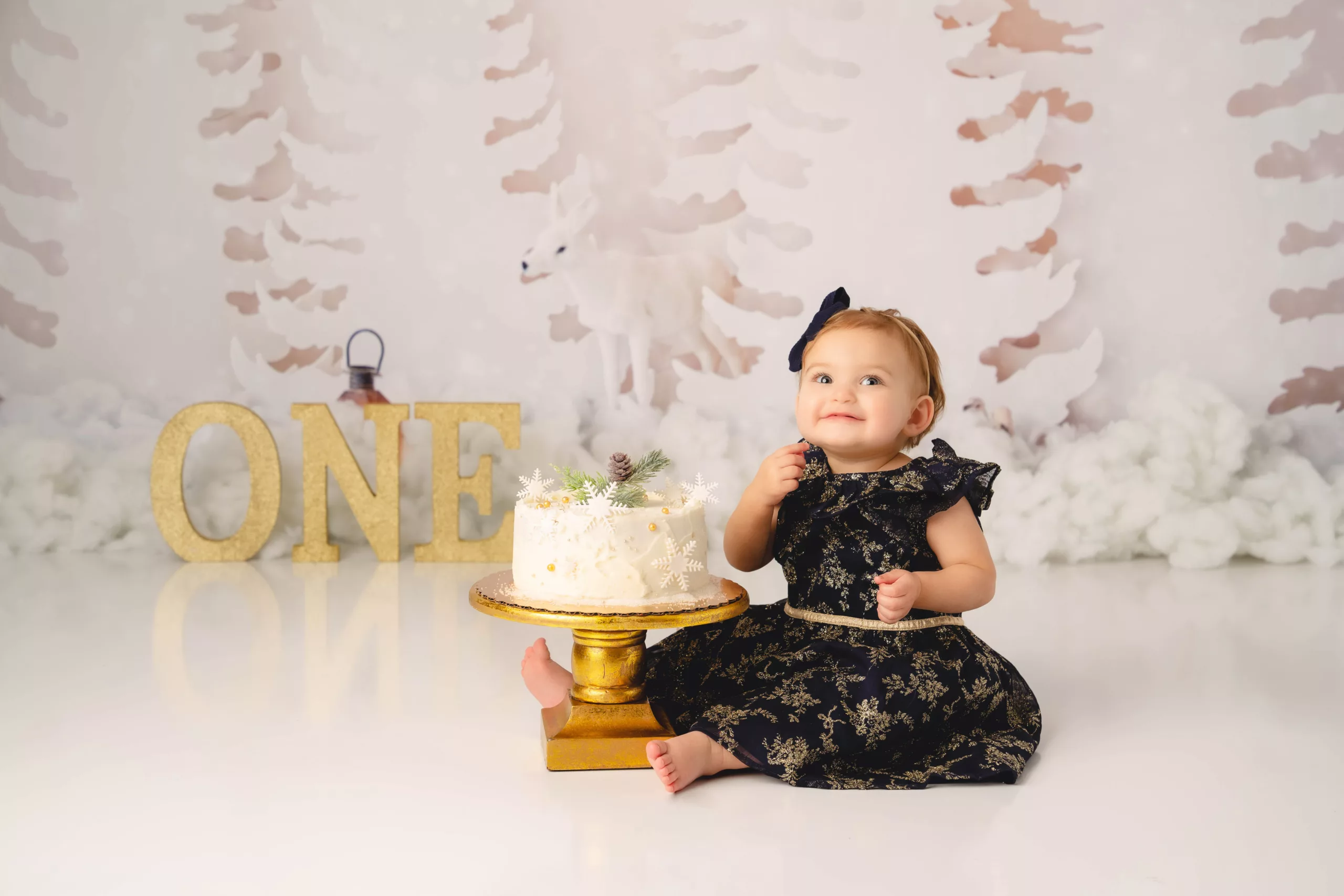 Orlando Girl Cake Smash 1st Birthday Photographer Photo Studio winter white trees forest christmas black and gold dress one letters