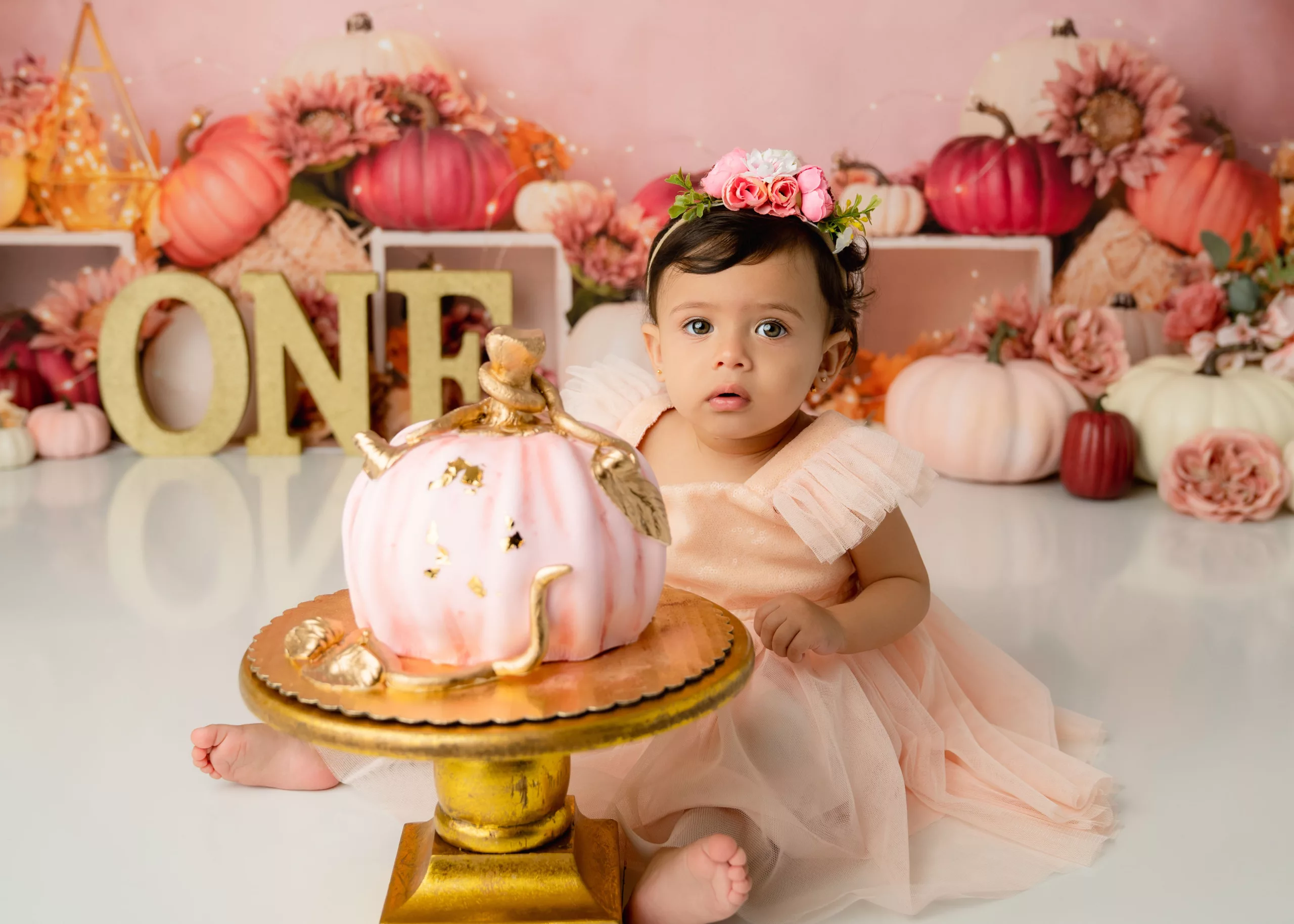 Orlando Girl Cake Smash 1st Birthday Photographer Photo Studio pumpkin patch pink cream deep orange