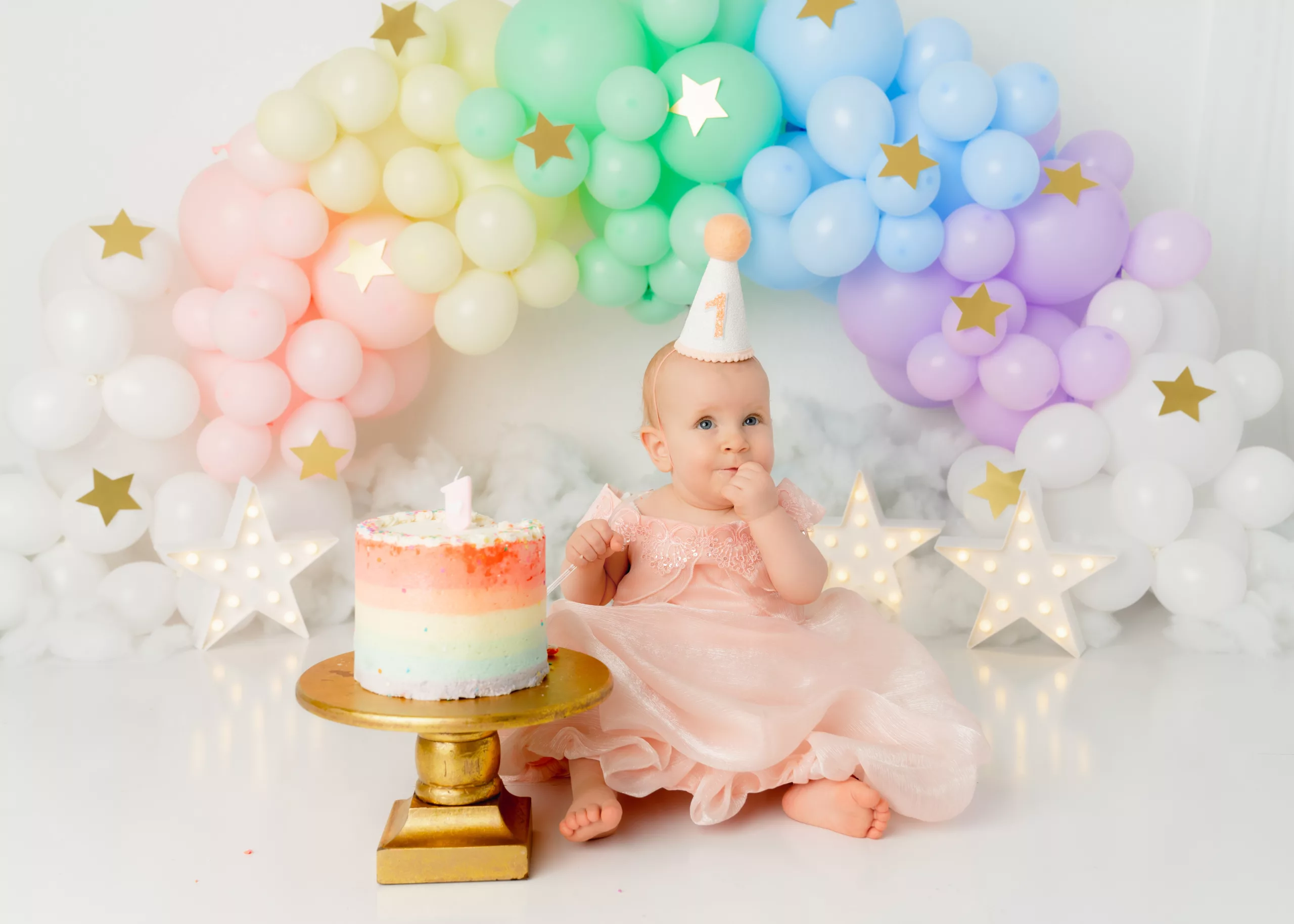 Orlando Girl Cake Smash 1st Birthday Photographer Photo Studio balloon garland rainbow with gold stars princess dress