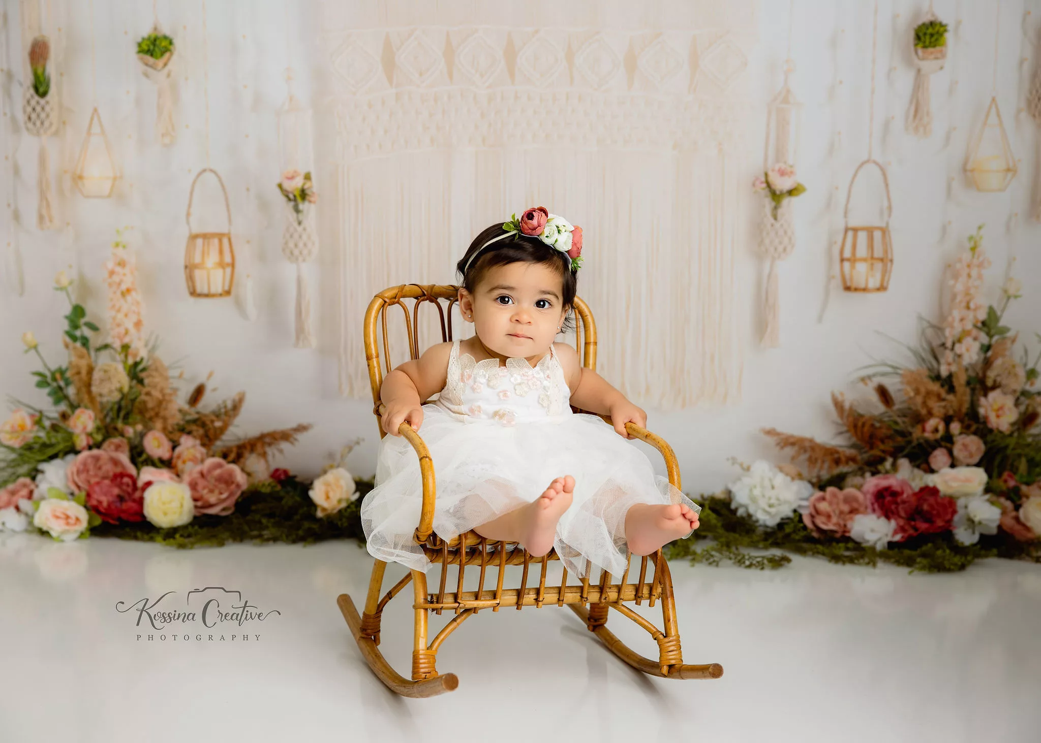 Orlando Girl Cake Smash 1st Birthday Photographer Photo Studio boho flowers wicker rocking chair white dress
