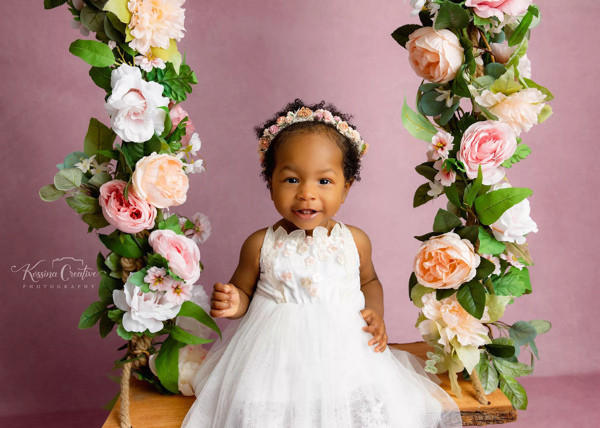 Orlando Girl Cake Smash 1st Birthday Photographer Photo Studio flowers wing boho white dress