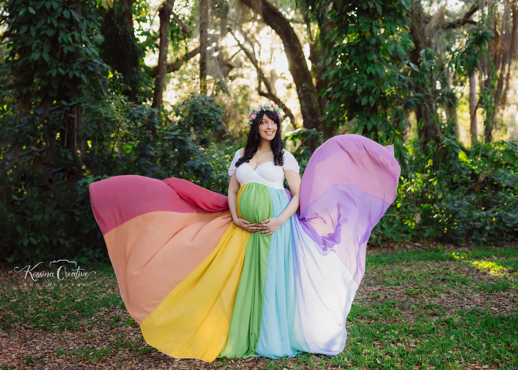 Orlando Maternity Photographer pregnancy photography rainbow baby rainbow flowy dress