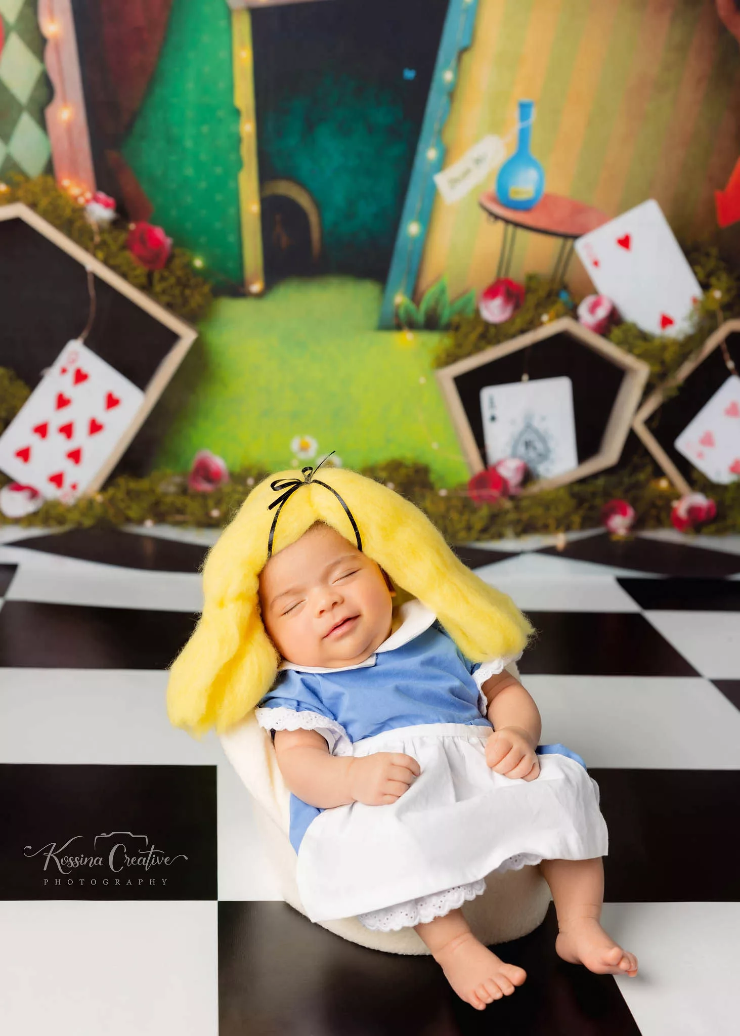 Orlando Newborn Photographer Baby Girl Photo studio disney alice in wonderland costume with blonde wig