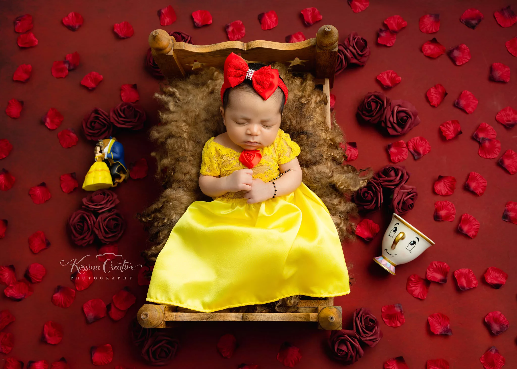 Orlando Newborn Photographer Baby Girl Photo studio disney princess belle sleeping baby bed roses beauty and the beast chip red roses