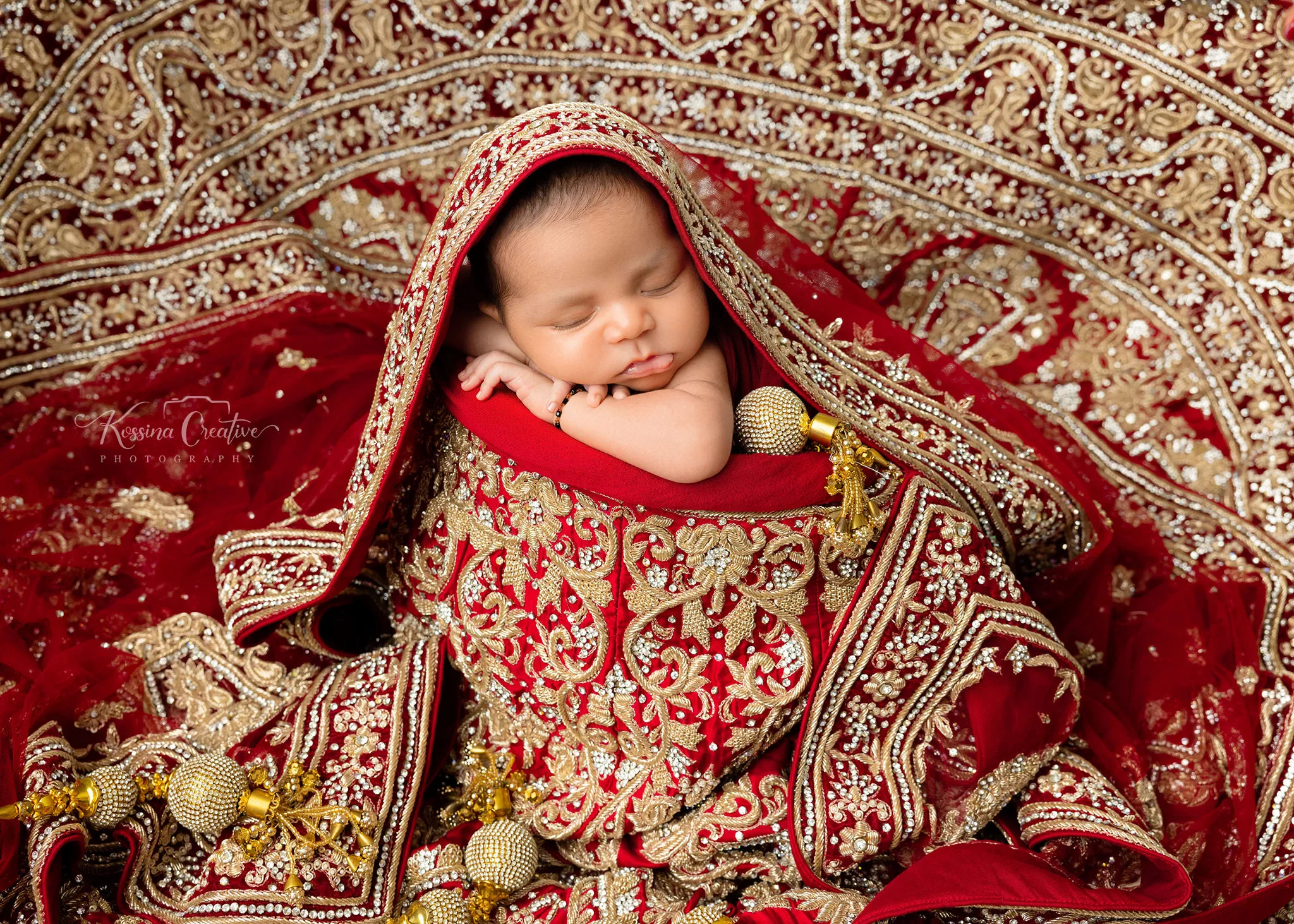 Orlando Newborn Photographer Baby Girl Photo studio indian wedding dress with sleeping baby
