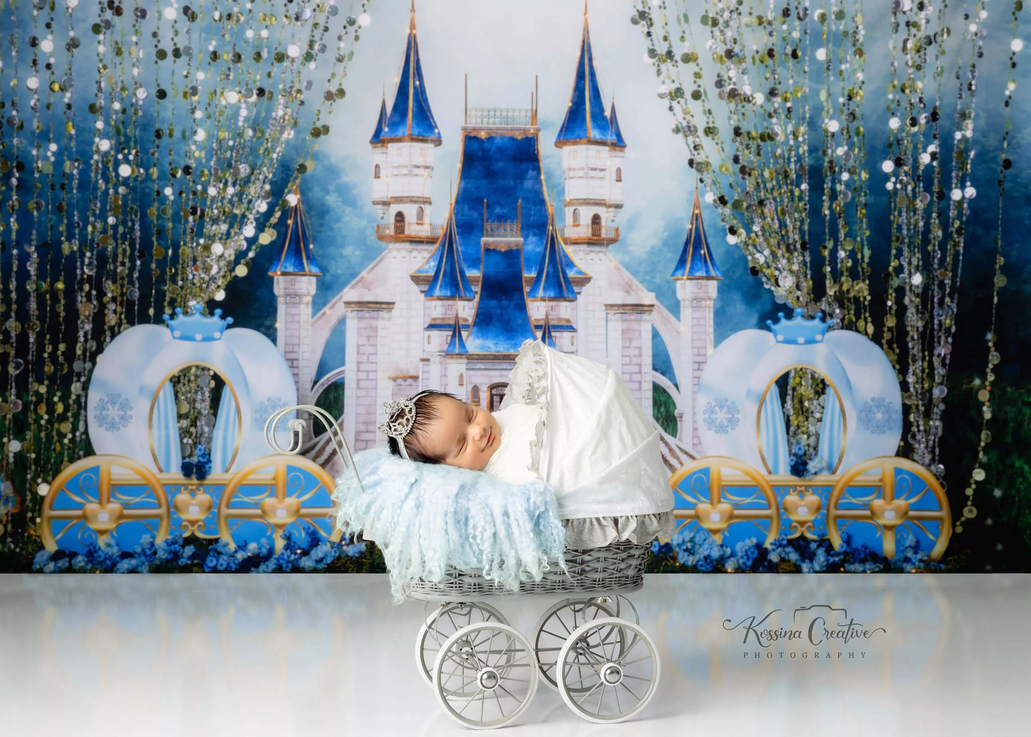 Orlando Newborn Photographer Baby Girl Photo studio disney princess cinderella royal stroller magic kingdom blue silver crown