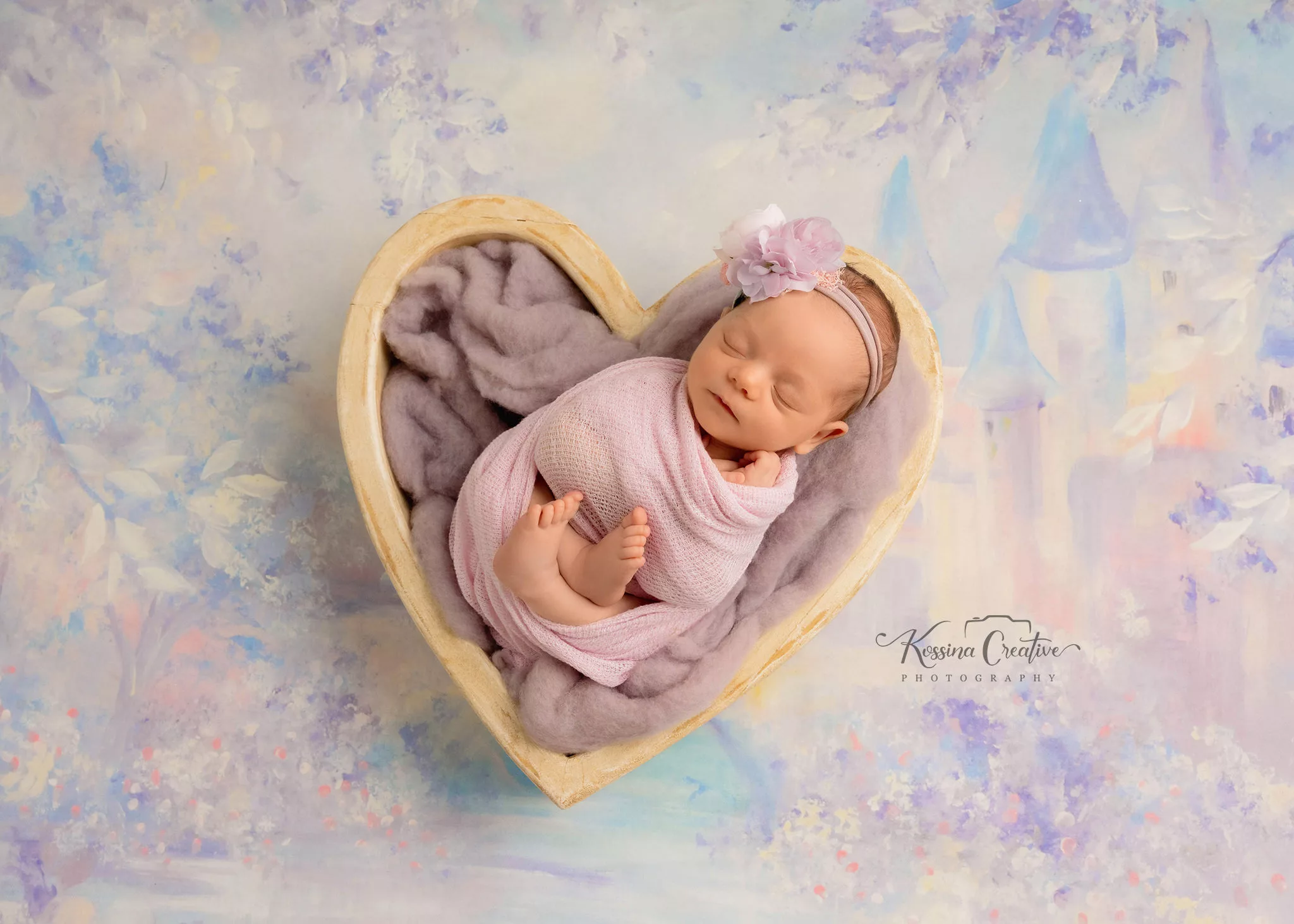 Orlando Newborn Photographer Baby Girl Photo studio princess castle pastel pink purple heart bowl baby feed sleeping flower headband