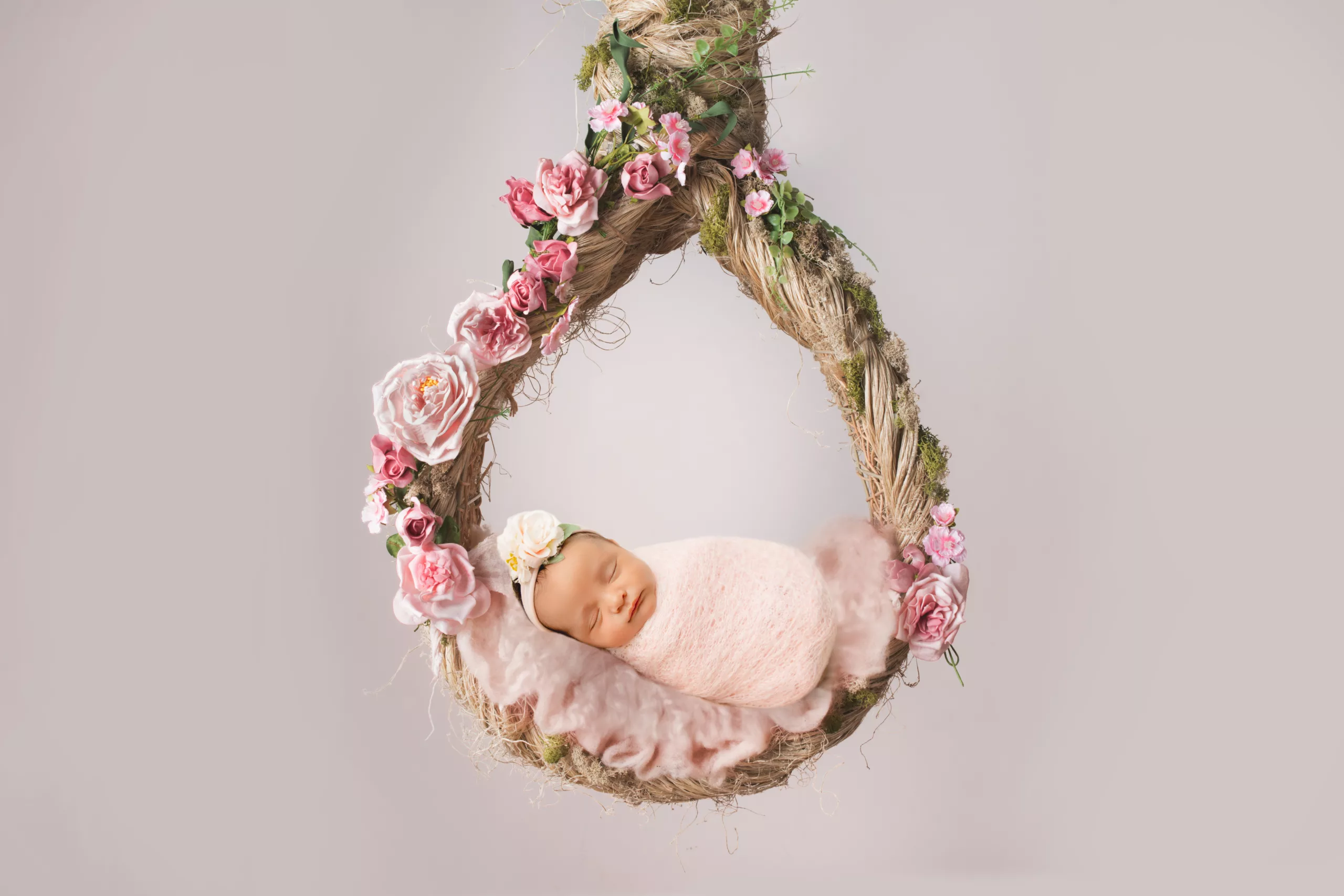 Orlando Newborn Photographer Baby Girl Photo studio 32 pink white hanging tree branch with flowers baby sleeping