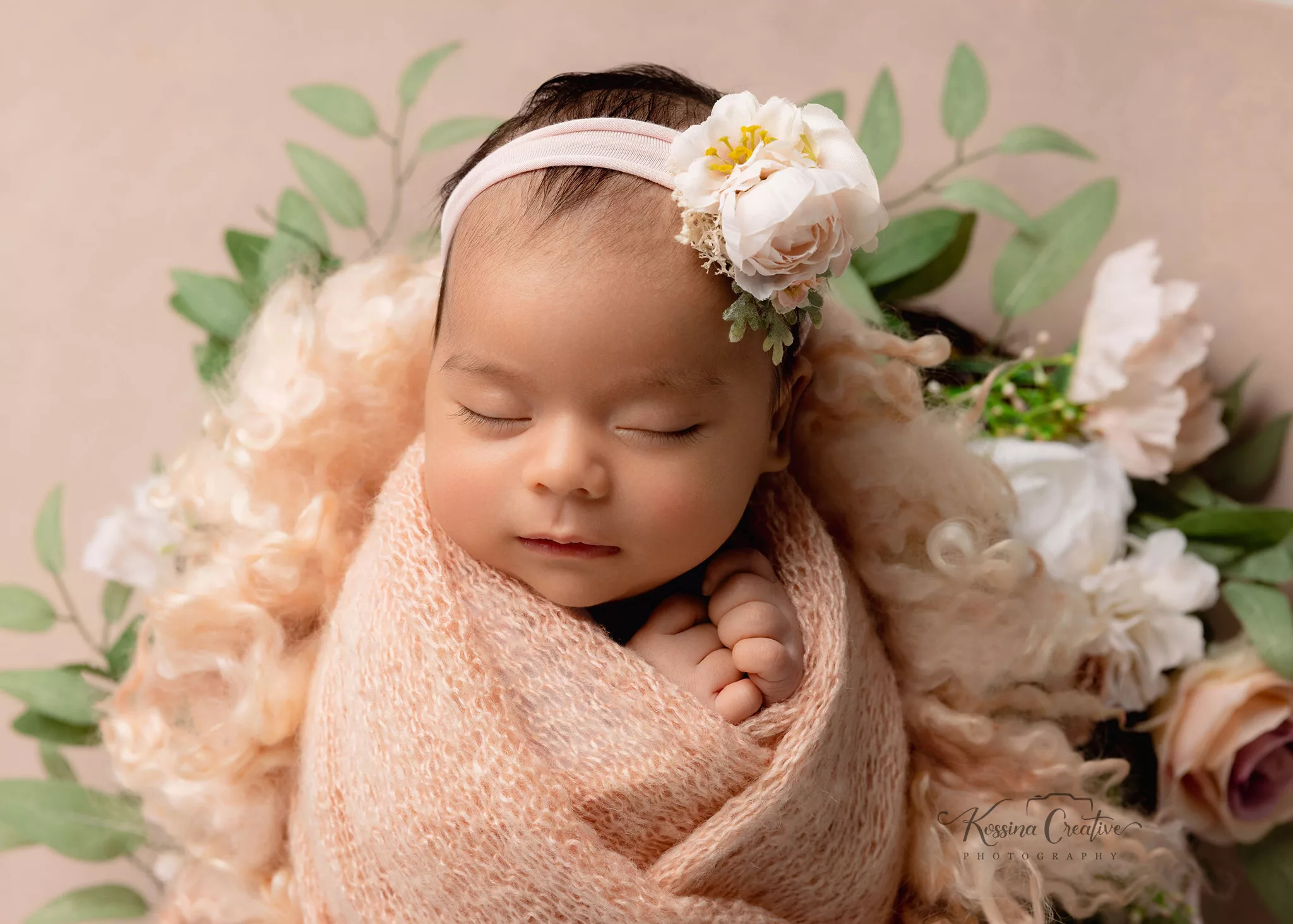 Orlando Newborn Photographer Baby Girl Photo studio peach flower bowl boho