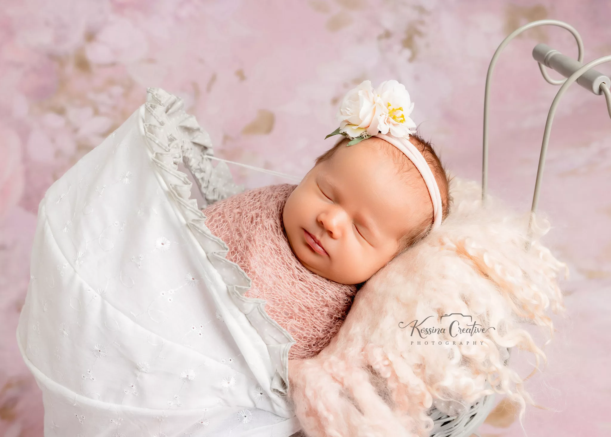 Orlando Newborn Photographer Baby Girl Photo studio pink flower stroller baby carriage