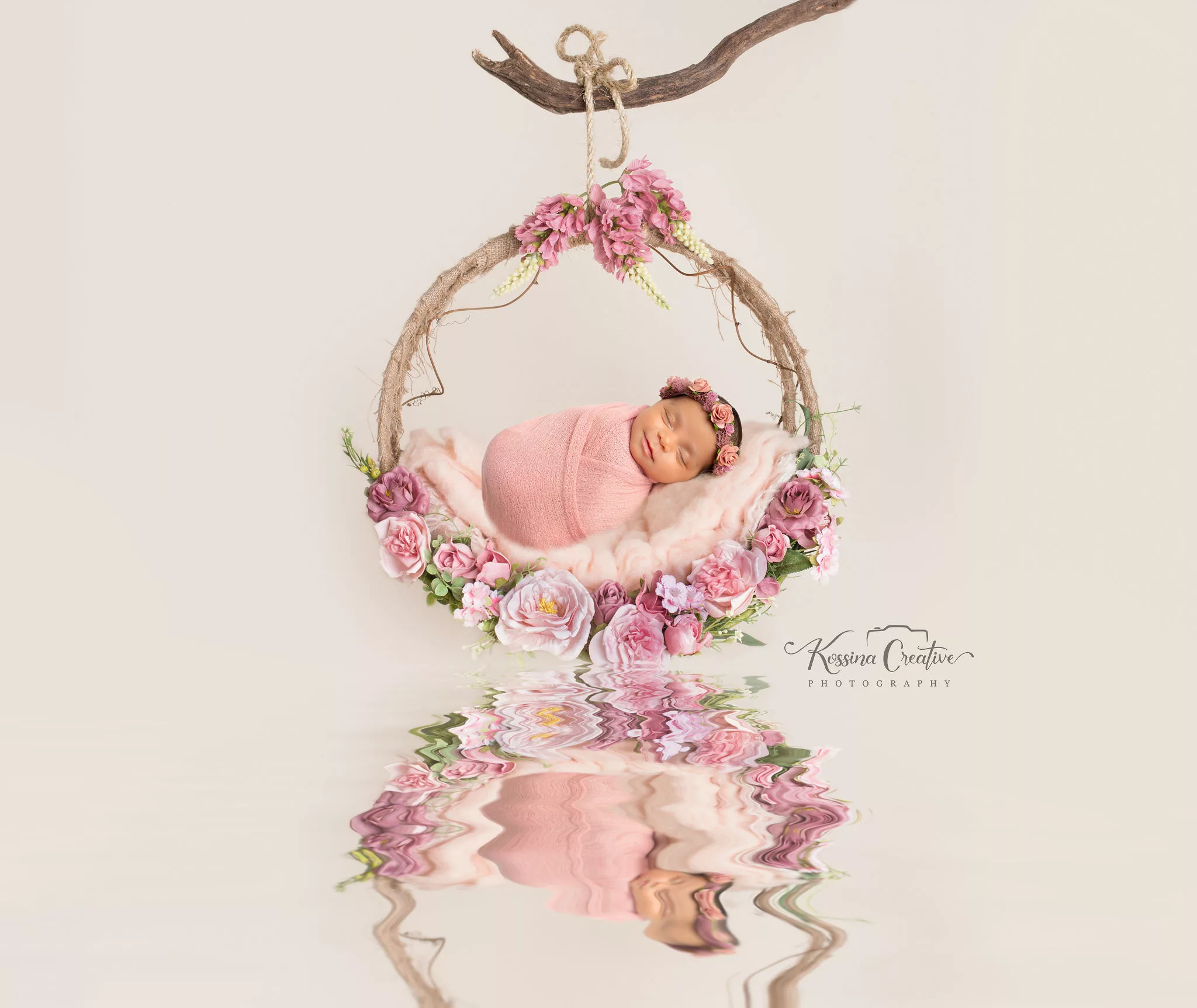 Orlando Newborn Photographer Baby Photo studio baby girl pink flower swing reflection