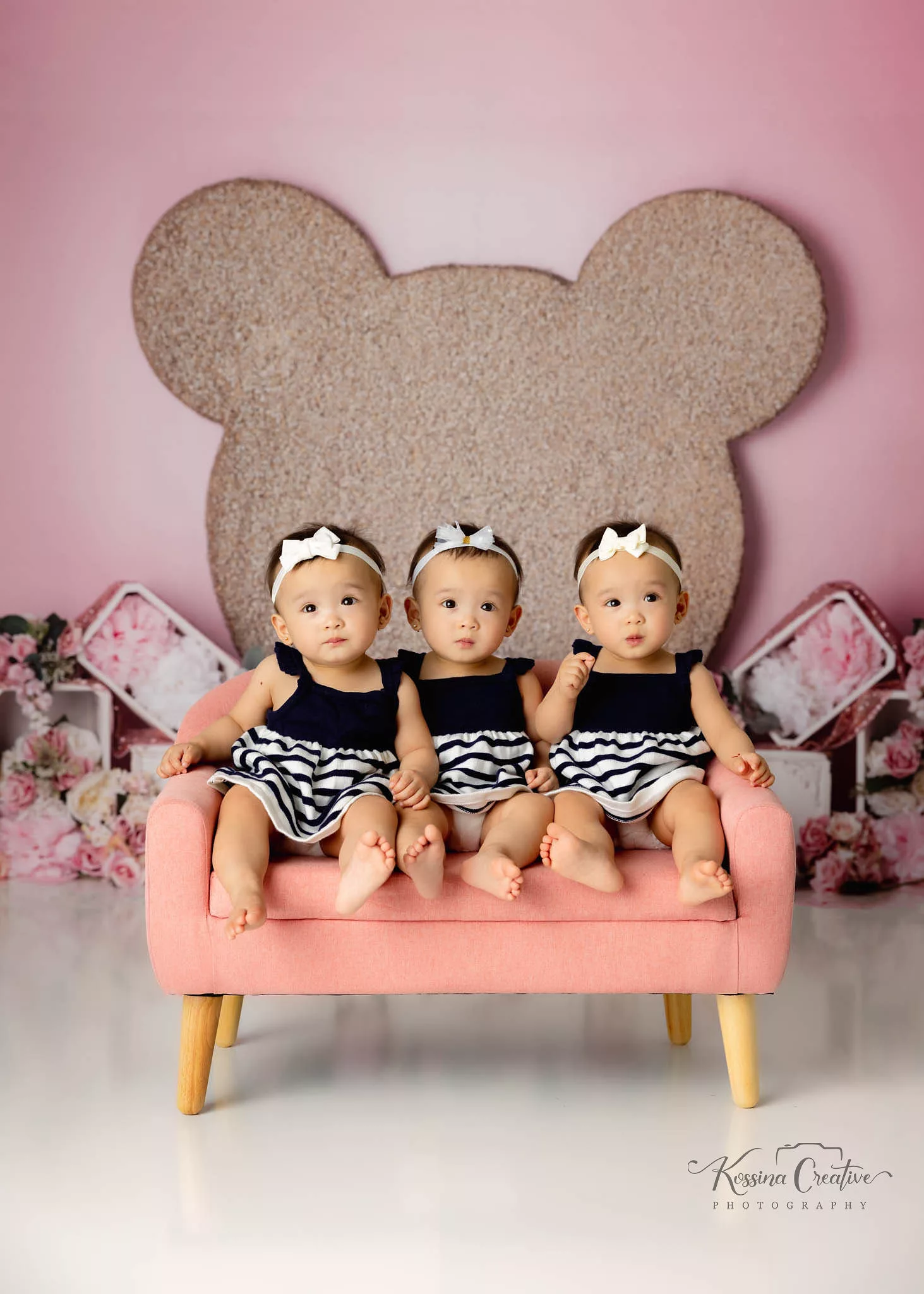 orlando photo studio family photographer studio portraits generations triplets mickey minnie mouse gold pink couch